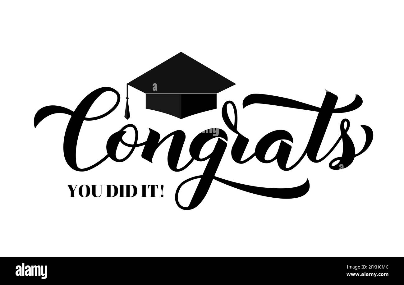 Congrats lettering with graduation cap isolated on white ...