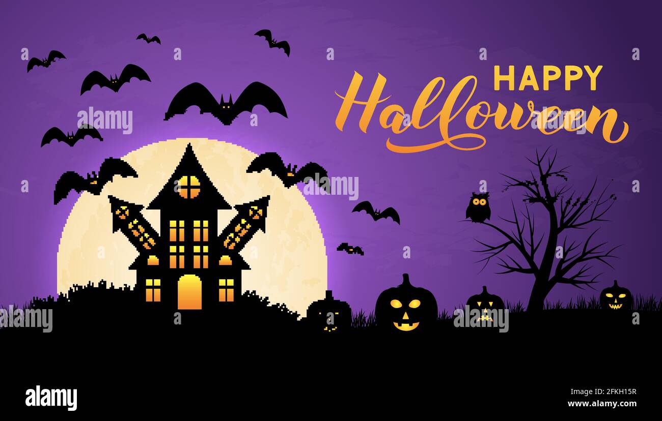 Halloween night vector illustration with Full moon Spooky Haunted House ...