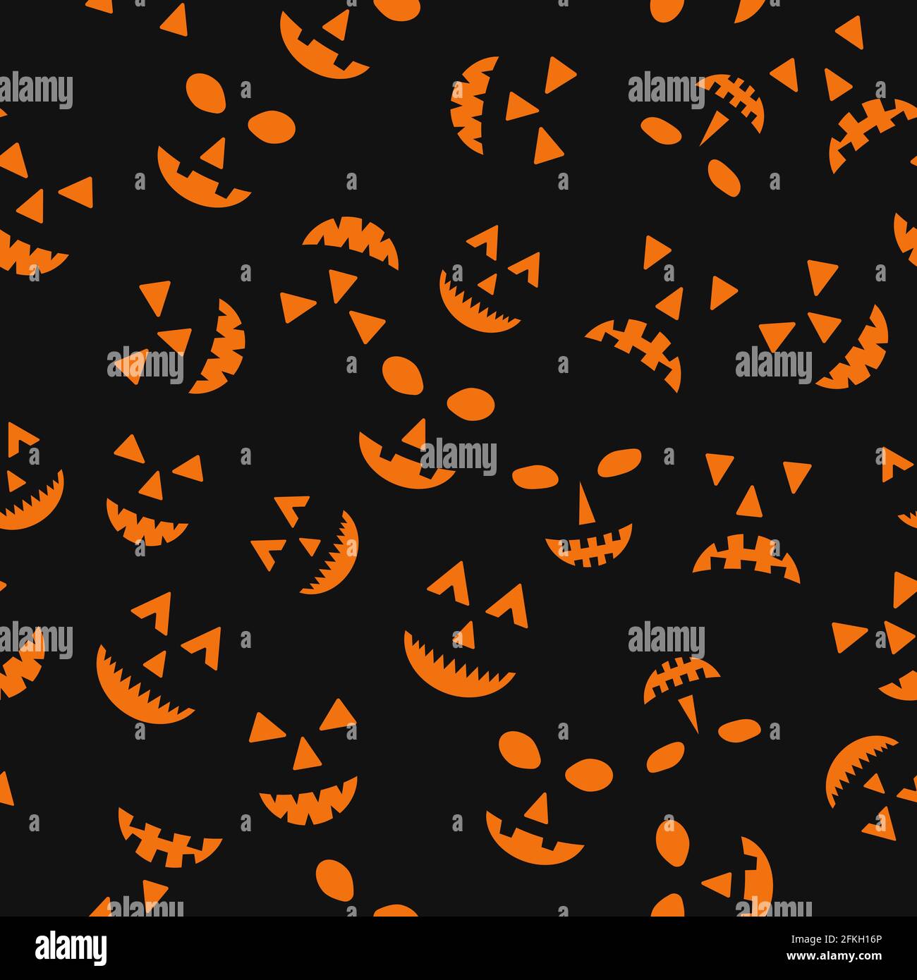 Halloween seamless pattern with scary pumpkin faces on black background. Easy to edit vector template for greeting card, banner, poster, party invitat Stock Vector