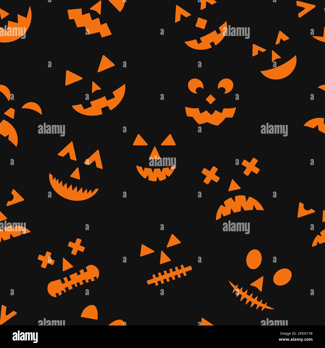 Halloween seamless pattern with scary pumpkin faces on black background. Easy to edit vector template for greeting card, banner, poster, party invitat Stock Vector