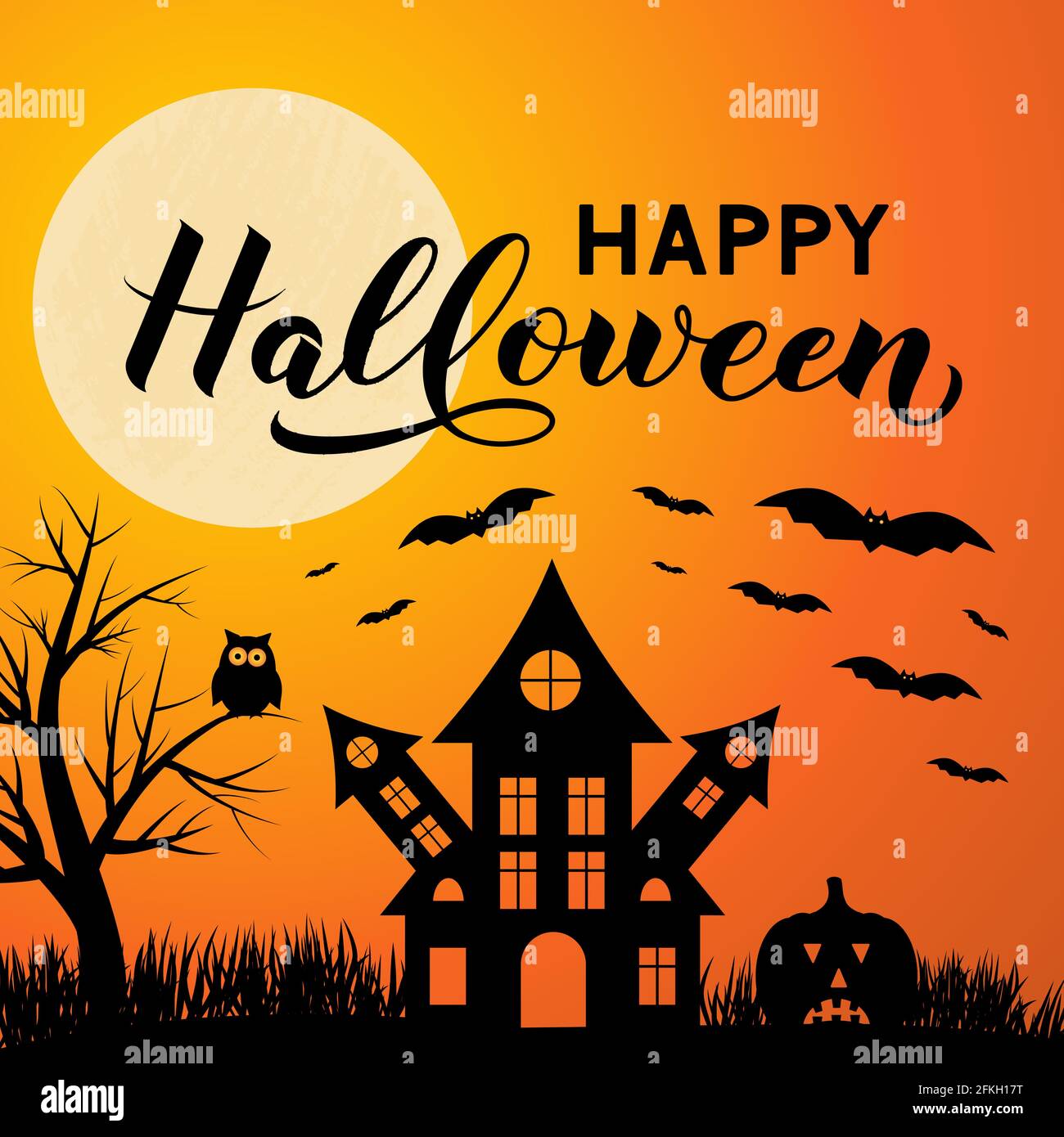 Halloween night vector illustration with Full moon Spooky Haunted House ...