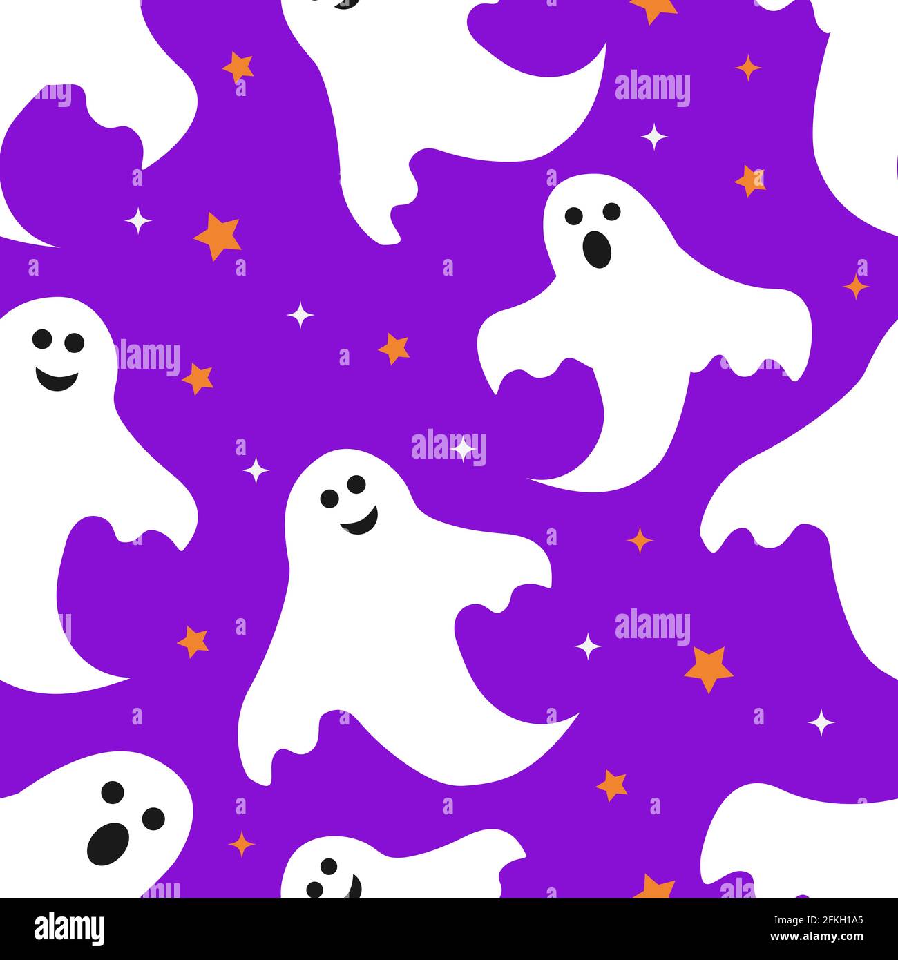 Halloween seamless pattern with cute cartoon ghosts on purple ...