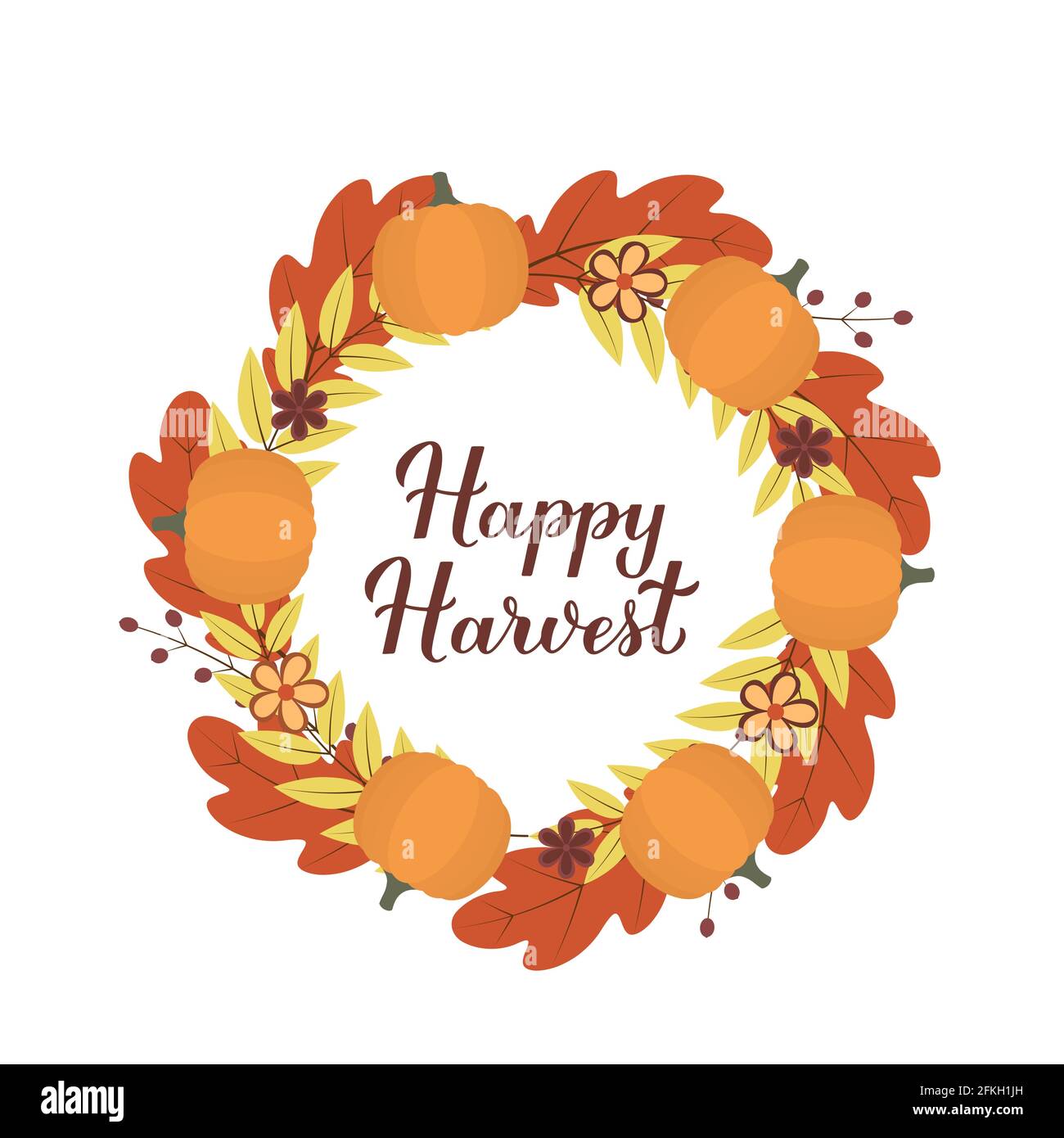 Happy Harvest calligraphy lettering with wreath of colorful autumn ...