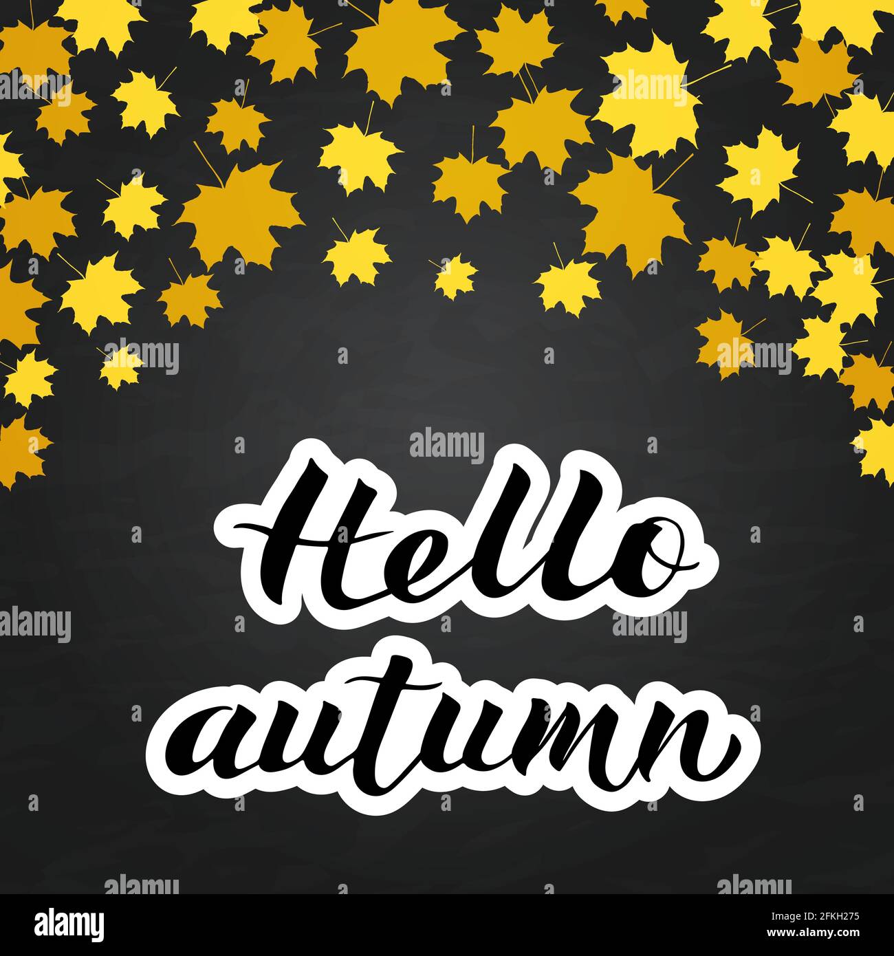 Hello autumn written with brush on chalkboard background. Yellow and ...