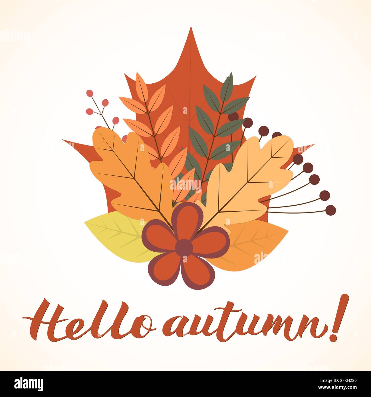 Hello Autumn written with brush. Bunch with colorful leaves and flowers ...