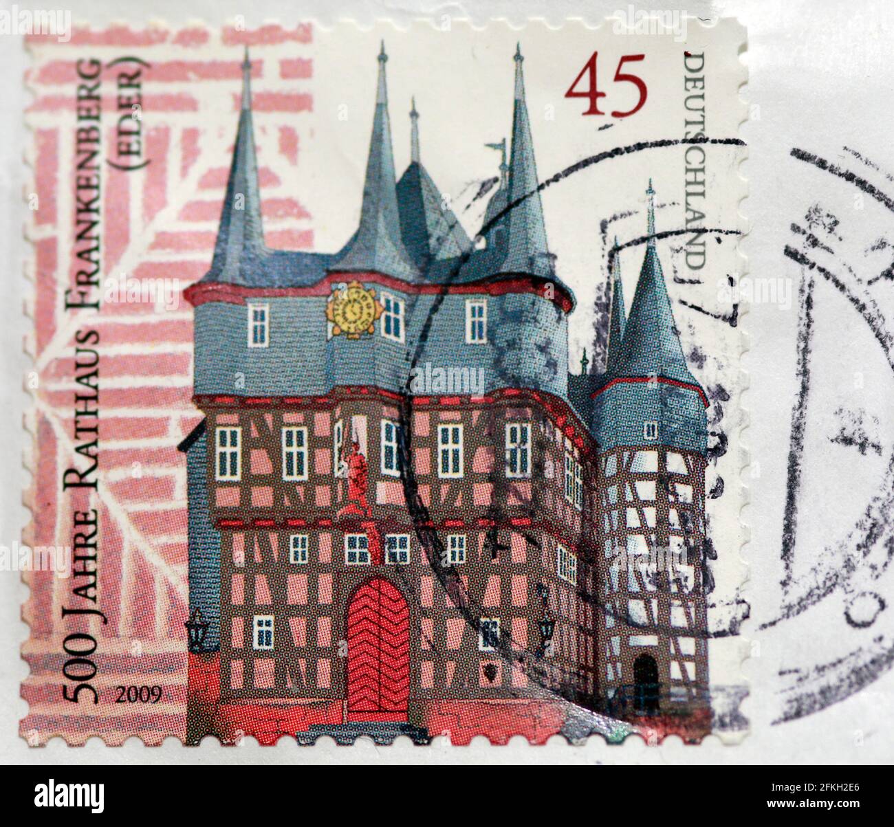 Briefmarke mit dem historischen Rathaus Frankenberg, Hessen, Deutschland Stock Photo