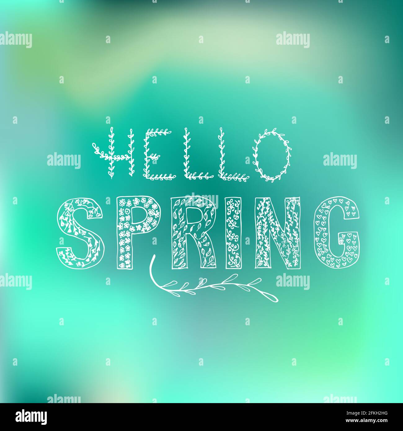 Hello spring hand drawn lettering with floral doodle elements on green ...