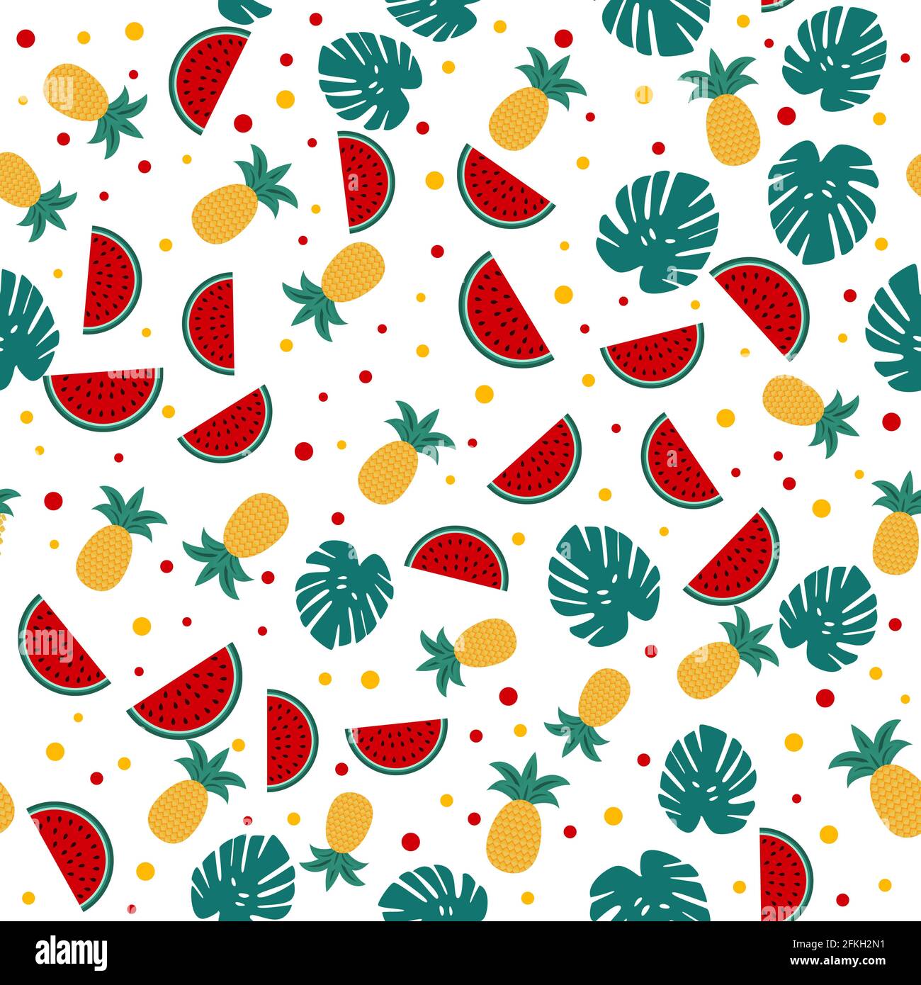 Summer seamless pattern with watermelons, pineapples and palm leaves ...
