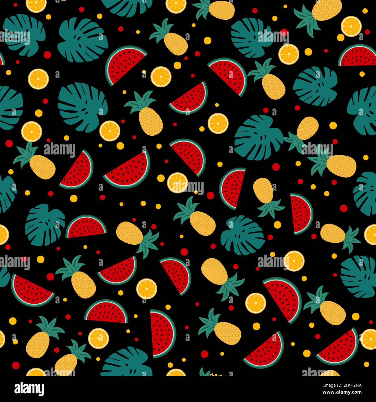 Summer seamless pattern with watermelons, pineapples and palm leaves on ...