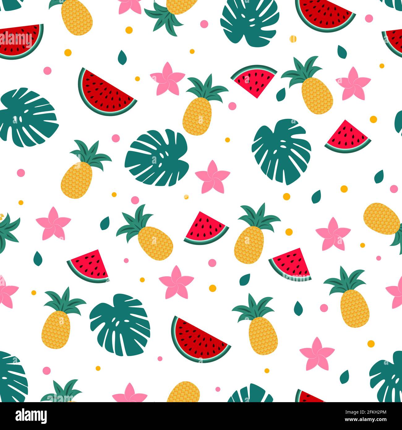 Summer seamless pattern with watermelons, pineapples and palm leaves ...