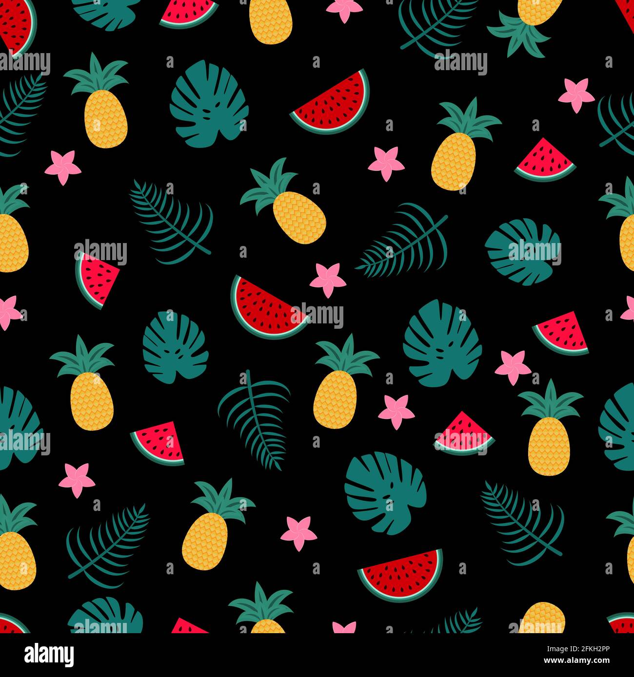 Summer seamless pattern with watermelons, pineapples and palm leaves on ...