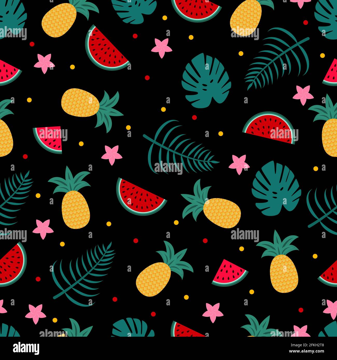 Summer seamless pattern with watermelons, pineapples and palm leaves on ...