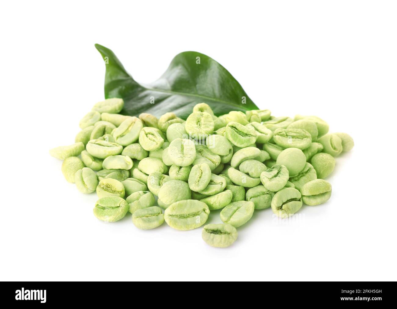 Green coffee beans and leaf on white background Stock Photo - Alamy