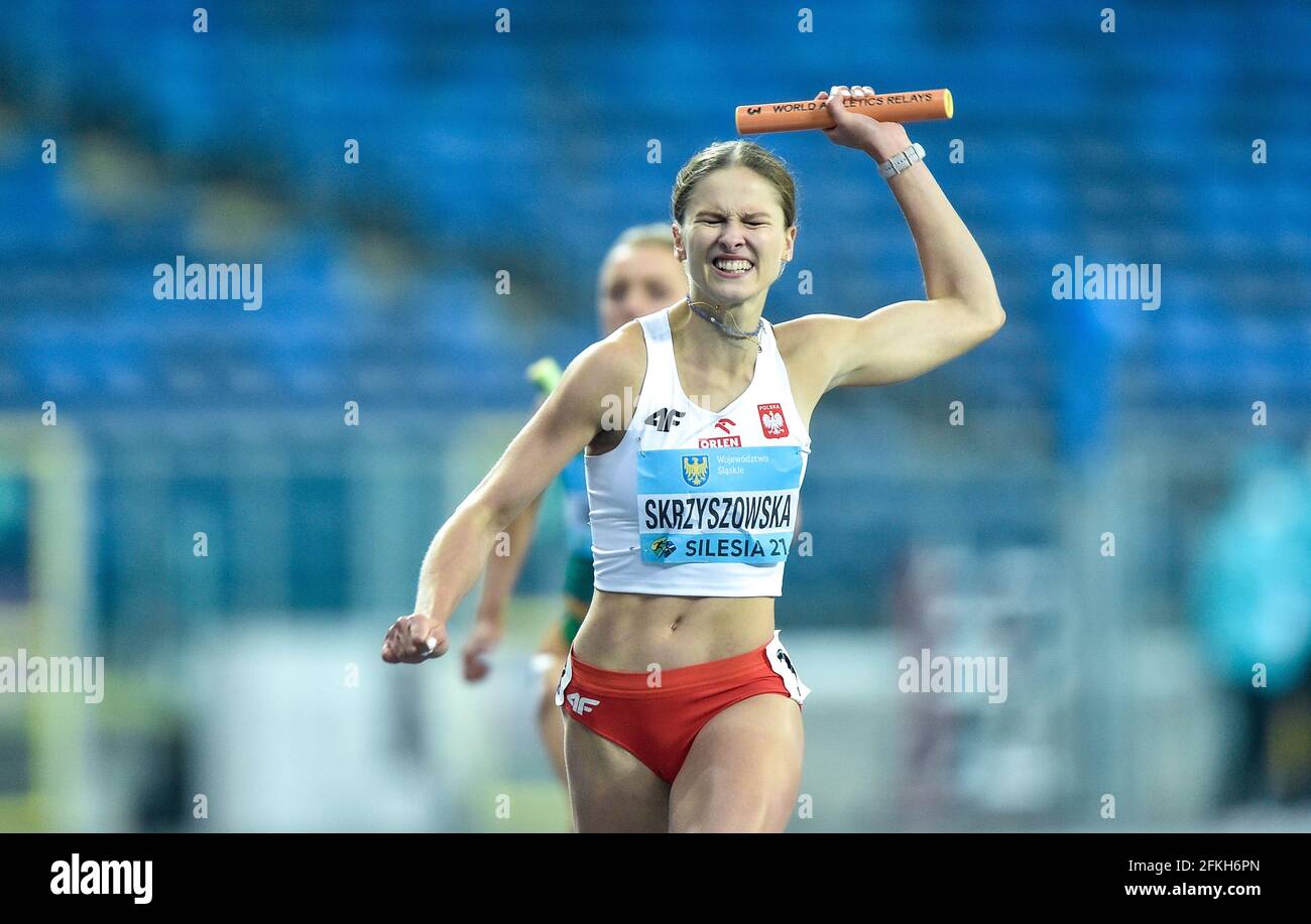 Chorzow, Polan. 1st May, 2021. Poia Skrzyszowska of Poland competes during the 4x100 meters Relay Women of the World Athletics Relays Silesia21 in Chorzow, Polan, May 1, 2021. Credit: Rafal Rusek/Xinhua/Alamy Live News Stock Photo