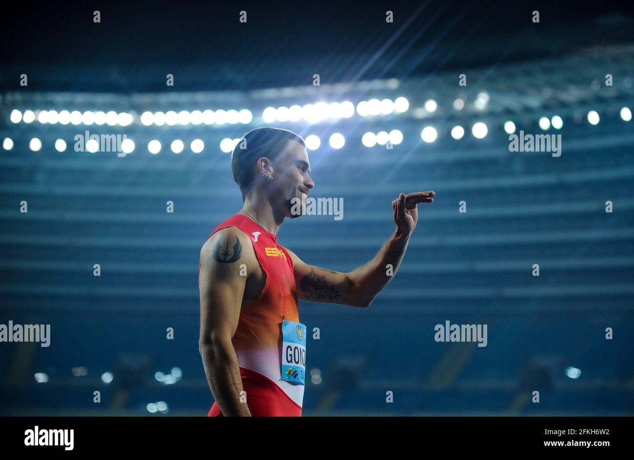 Chorzow, Polan. 1st May, 2021. Jose Gonzales of Spain reacts during the 4x100 meters Relay Men of the World Athletics Relays Silesia21 in Chorzow, Polan, May 1, 2021. Credit: Rafal Rusek/Xinhua/Alamy Live News Stock Photo