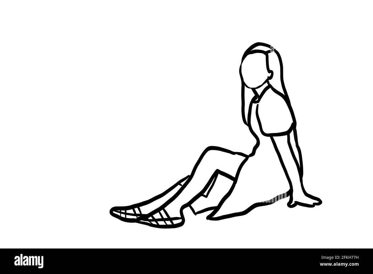Line drawing woman sitting by the sea, concept continuous line drawing Stock Photo