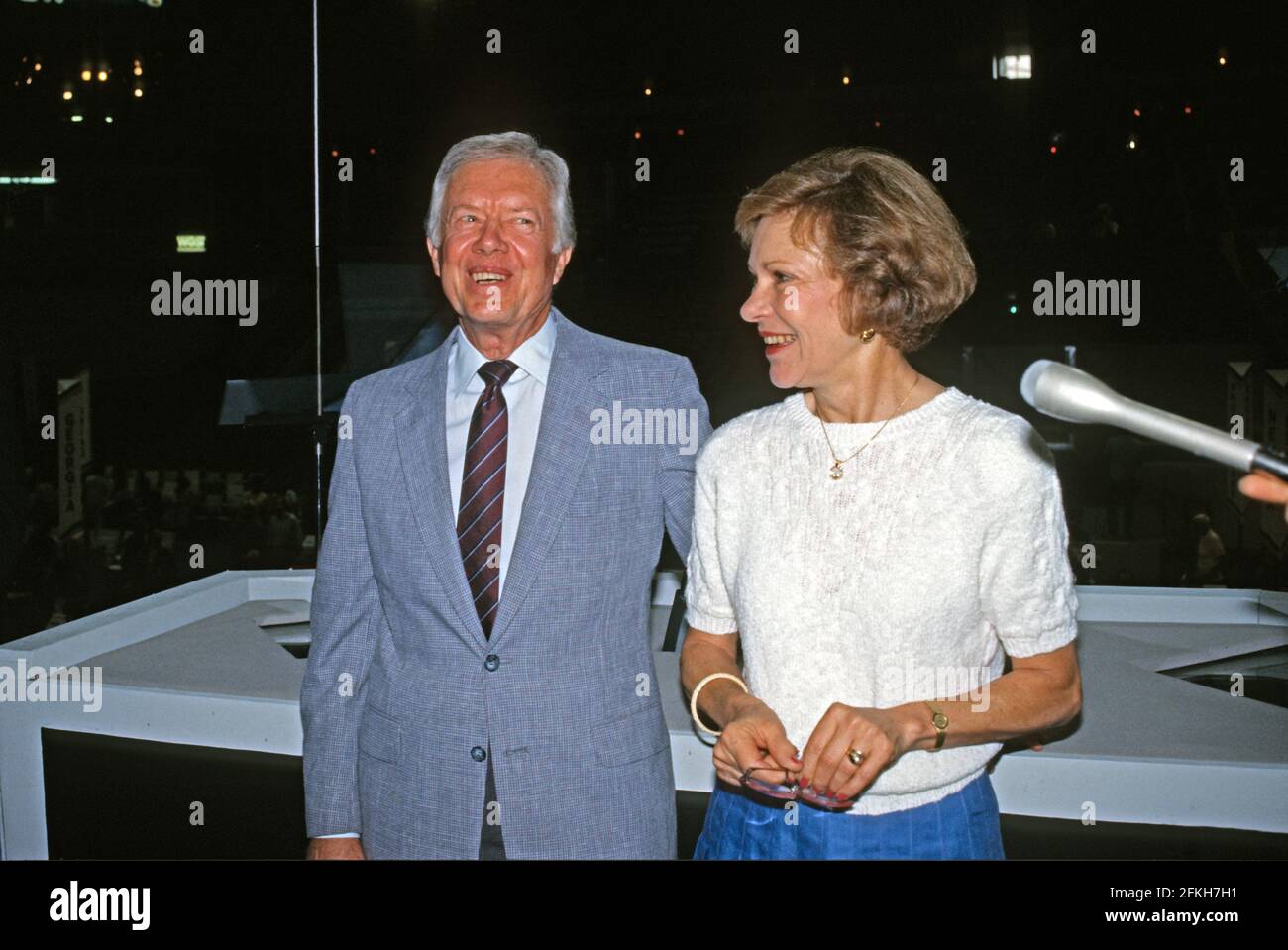 Former United States President Jimmy Carter, left, and former first lady Rosalynn Carter, right, visit the Omni Coliseum in Atlanta, Georgia, the site of the 1988 Democratic National Convention, prior to the President delivering remarks on July 18, 1988.Credit: Arnie Sachs/CNP | usage worldwide Stock Photo