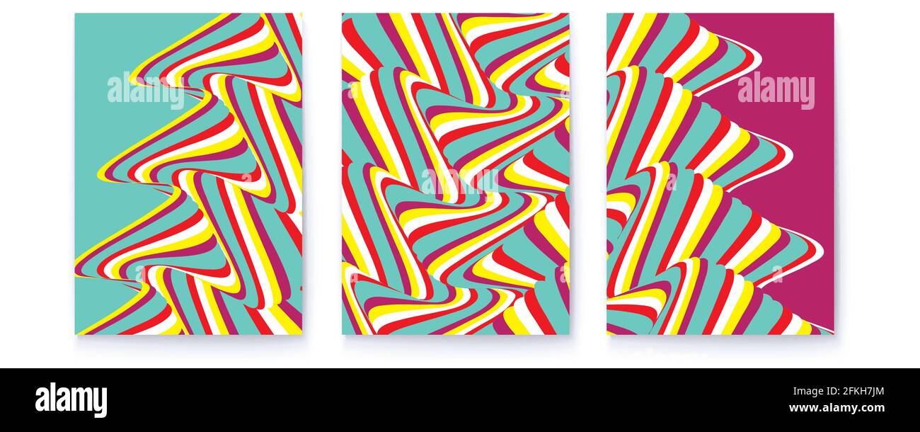 Psychedelic abstract posters. Set of covers with patterns from stripes. Optical illusion from colorful narrow lines. Vector 3d illustration Stock Vector