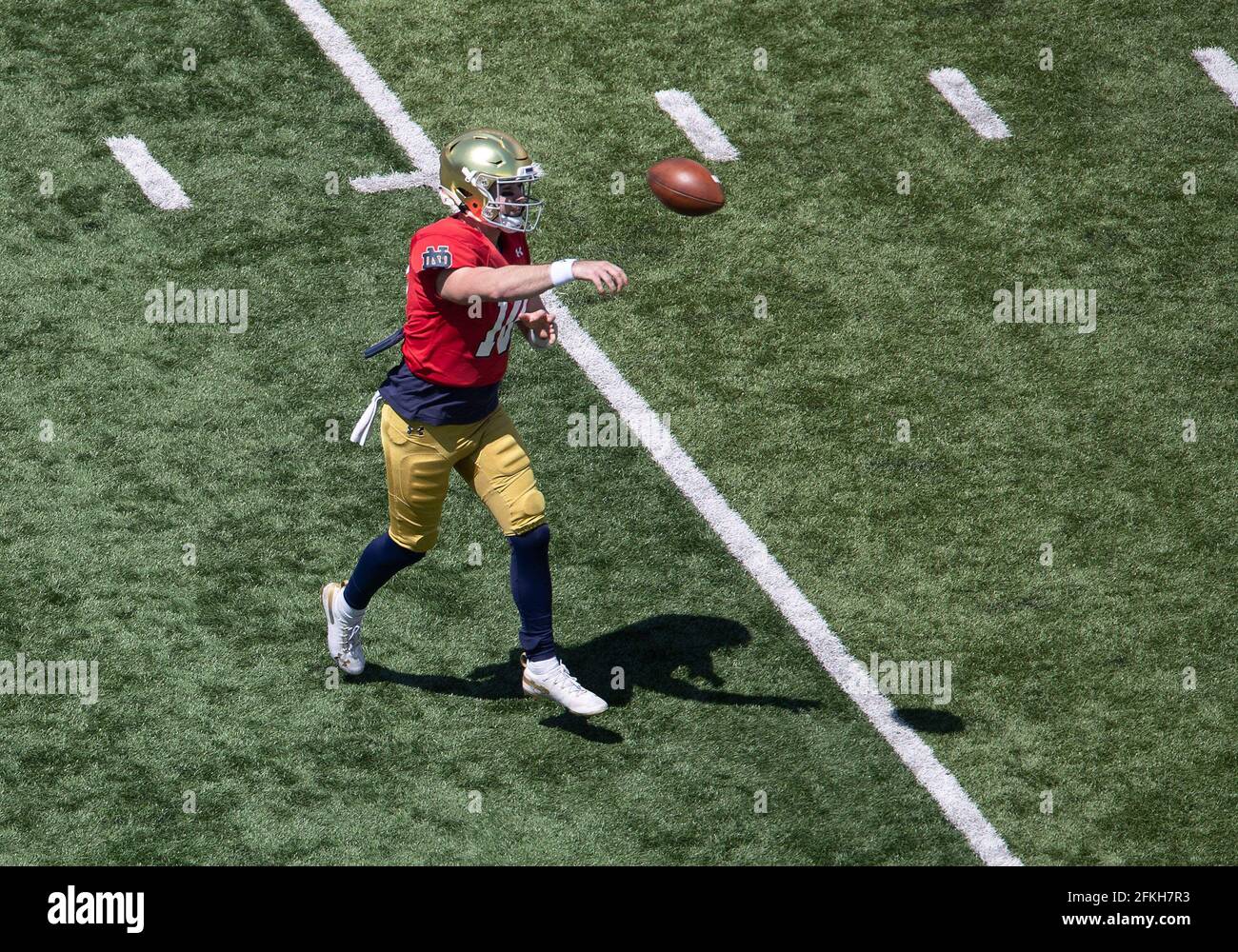 South Bend, Indiana. 1st May 2021, May 01, 2021: Notre Dame quarterback  Drew Pyne (10) passes the ball during the Notre Dame Annual Blue-Gold  Spring football game at Notre Dame Stadium in