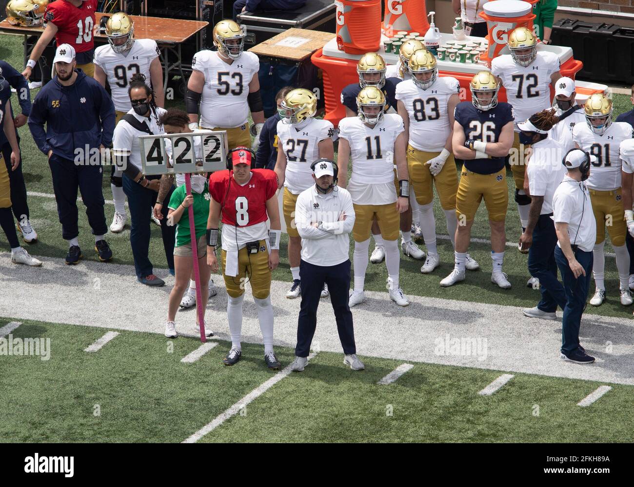 South Bend, Indiana, USA. 01st May, 2021. Notre Dame head coach Tommy Rees  on the sidelines during the Notre Dame Annual Blue-Gold Spring football game  at Notre Dame Stadium in South Bend,