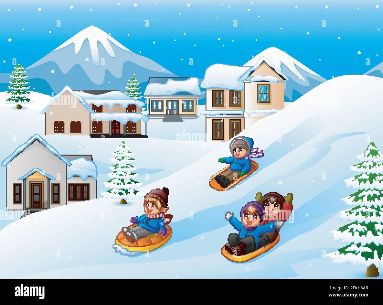 Vector illustration of Children playing sledding in the snow Stock ...