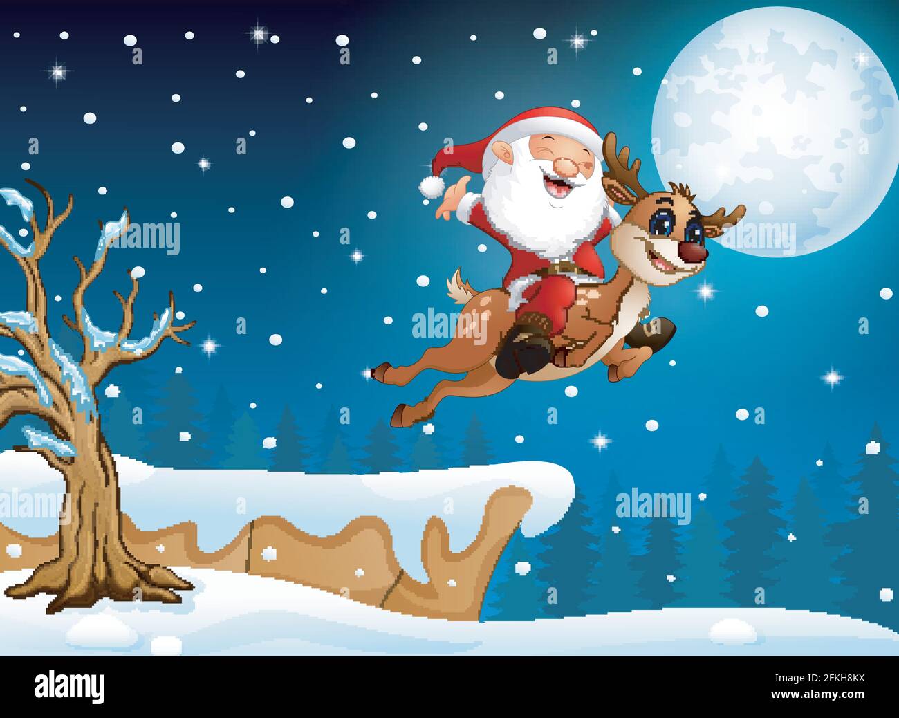 Vector illustration of Santa Claus riding his deer flying over hill Stock Vector