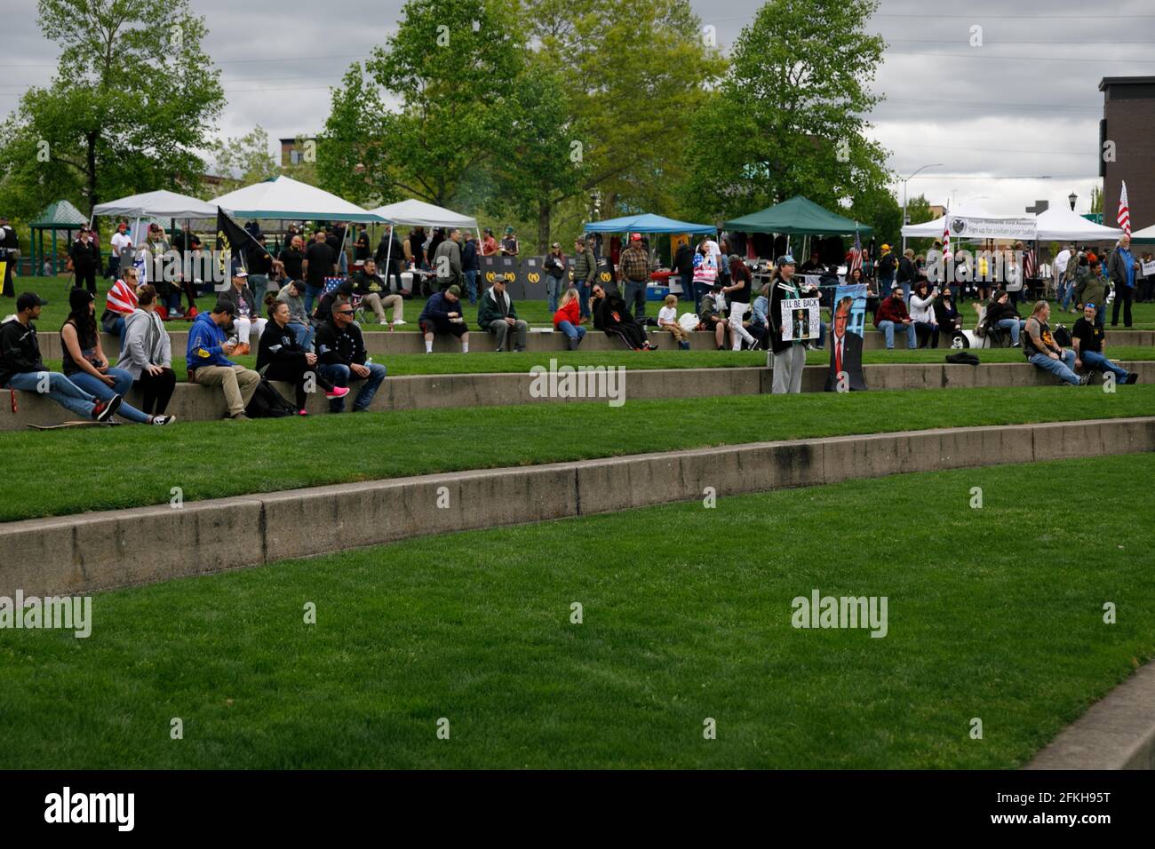 Salem, USA. 01st May, 2021. A rally for far-right conservative causes, gun rights and the Second Amendment, and Donald Trump, drew about 200-300 supporters, including a large contingent of Proud Boys, to Riverfront Park in Salem, Oregon, on May 1, 2021. (Photo by John Rudoff/Sipa USA) Credit: Sipa USA/Alamy Live News Stock Photo