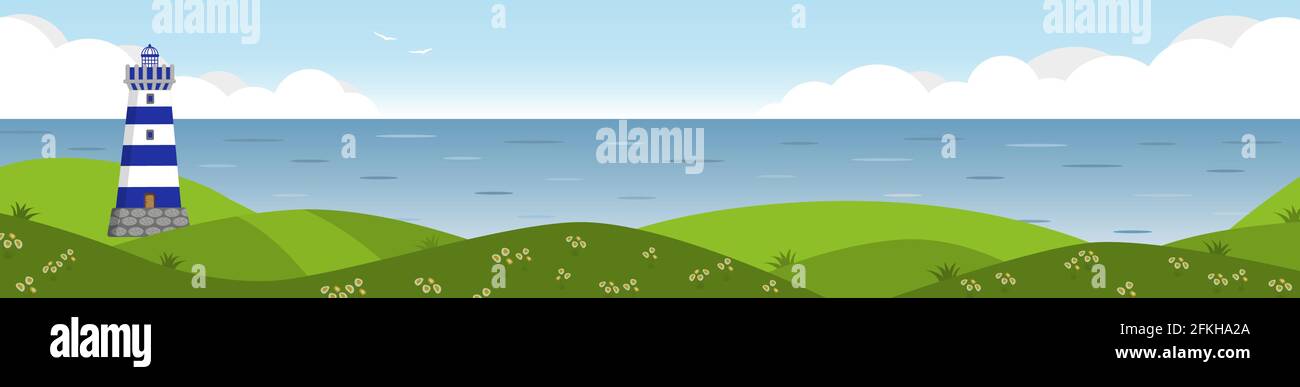 Horizontal banner with lighthouse on seascape. Stock Vector