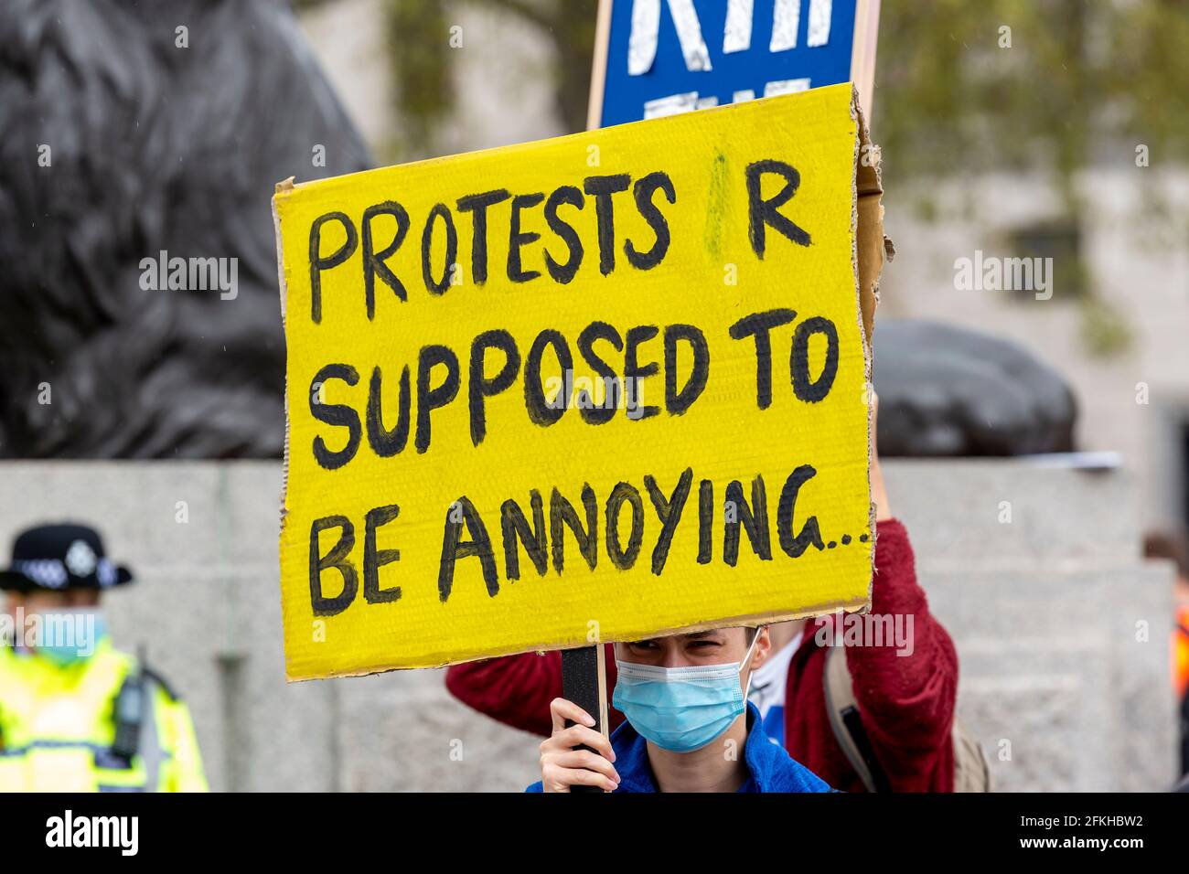 London, UK. 01st May, 2021. A protester holds a placard saying 'Protests are supposed to be annoying' during the Kill The Bill protest.A protest against the police, crime, sentencing and courts bill which will grant the police a range of new discretionary powers to shut down protests. (Photo by Dave Rushen/SOPA Images/Sipa USA) Credit: Sipa USA/Alamy Live News Stock Photo