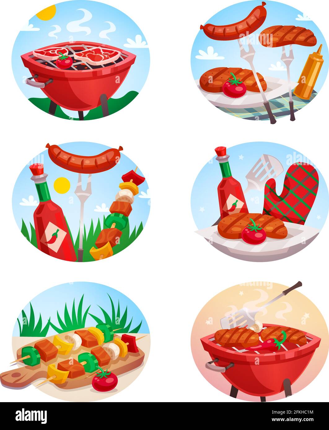 Outdoor barbecue set of isolated round compositions with bbq grill meat sauces and sky with clouds vector illustration Stock Vector