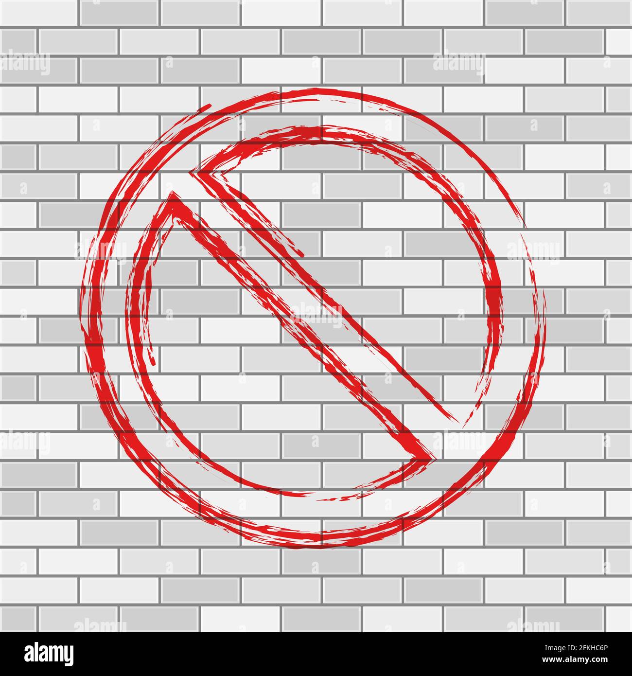Grunge hand drawn not allowed symbol. Prohibition sign. Forbidden round sign. illustration on white brick wall. Stock Photo
