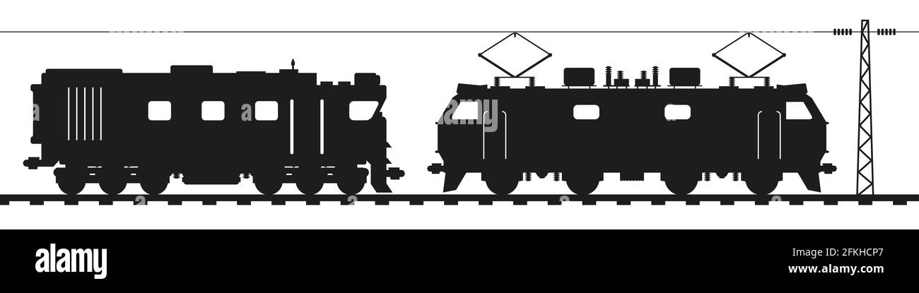 Diesel locomotive and electric locomotive. Flat style illustration isolated on white background. Stock Photo