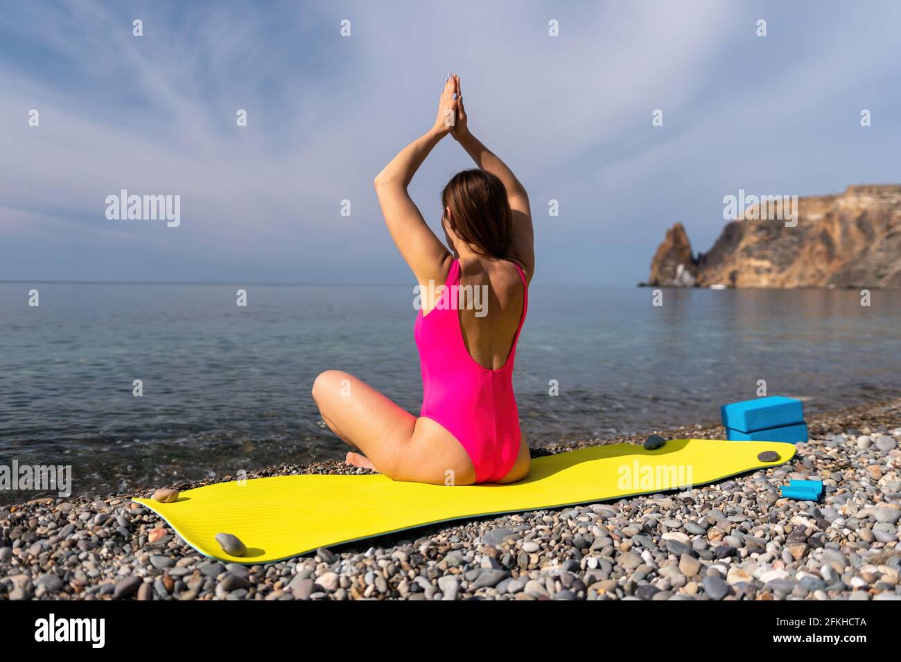 VR 360 Exercise yoga and swimsuit on the river beach