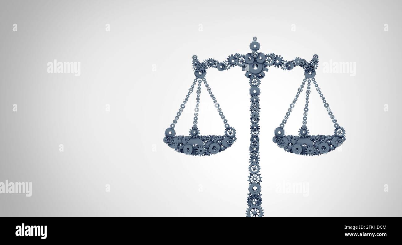 Business law concept and corporate legislation or the concept of legal work with a group of gears and cogwheels shaped as a justice scale. Stock Photo