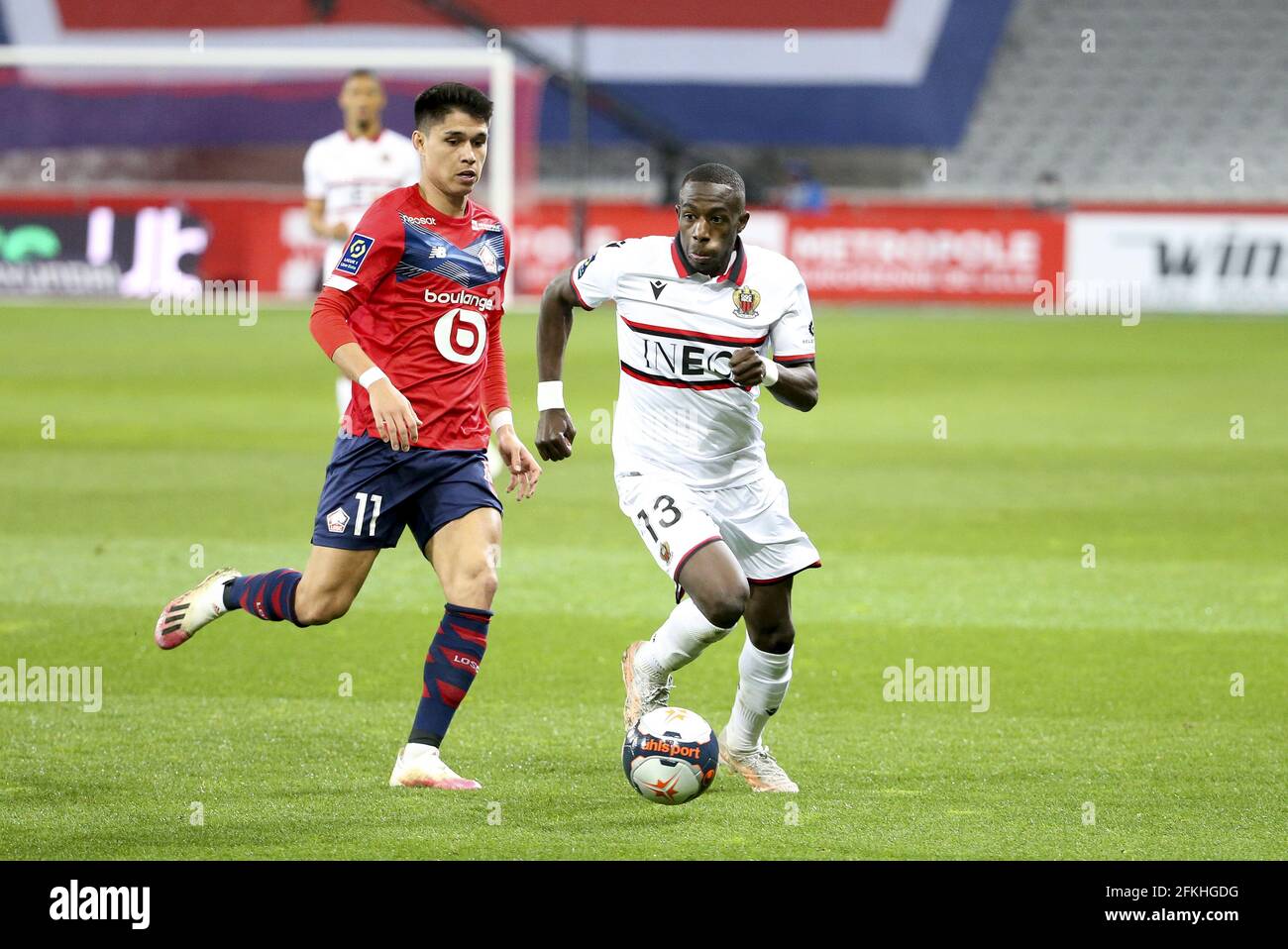 Hassane Kamara of Nice, Luiz Araujo of Lille (left) during the French  championship Ligue 1 football match between Lille OSC (LOSC) and OGC Nice  (OGCN) on May 1, 2021 at Stade Pierre