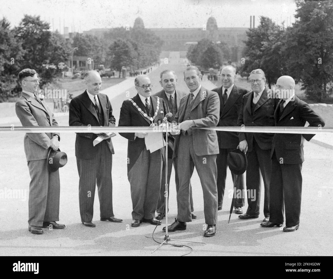 File photo dated 6/7/1948 of Mr Alfred Barnes , Minister of Transport officially opens the new road between Wembley Park Station and the Empire Stadium, Wembley . Wembley Park, London's globally renowned entertainment district, has undergone significant change over the past 70 years, with the newly built Olympic Steps signifying the final piece of the puzzle in the development of the iconic Olympic Way, also known as 'Wembley Way'. Issue date: Sunday May 2, 2021. Stock Photo