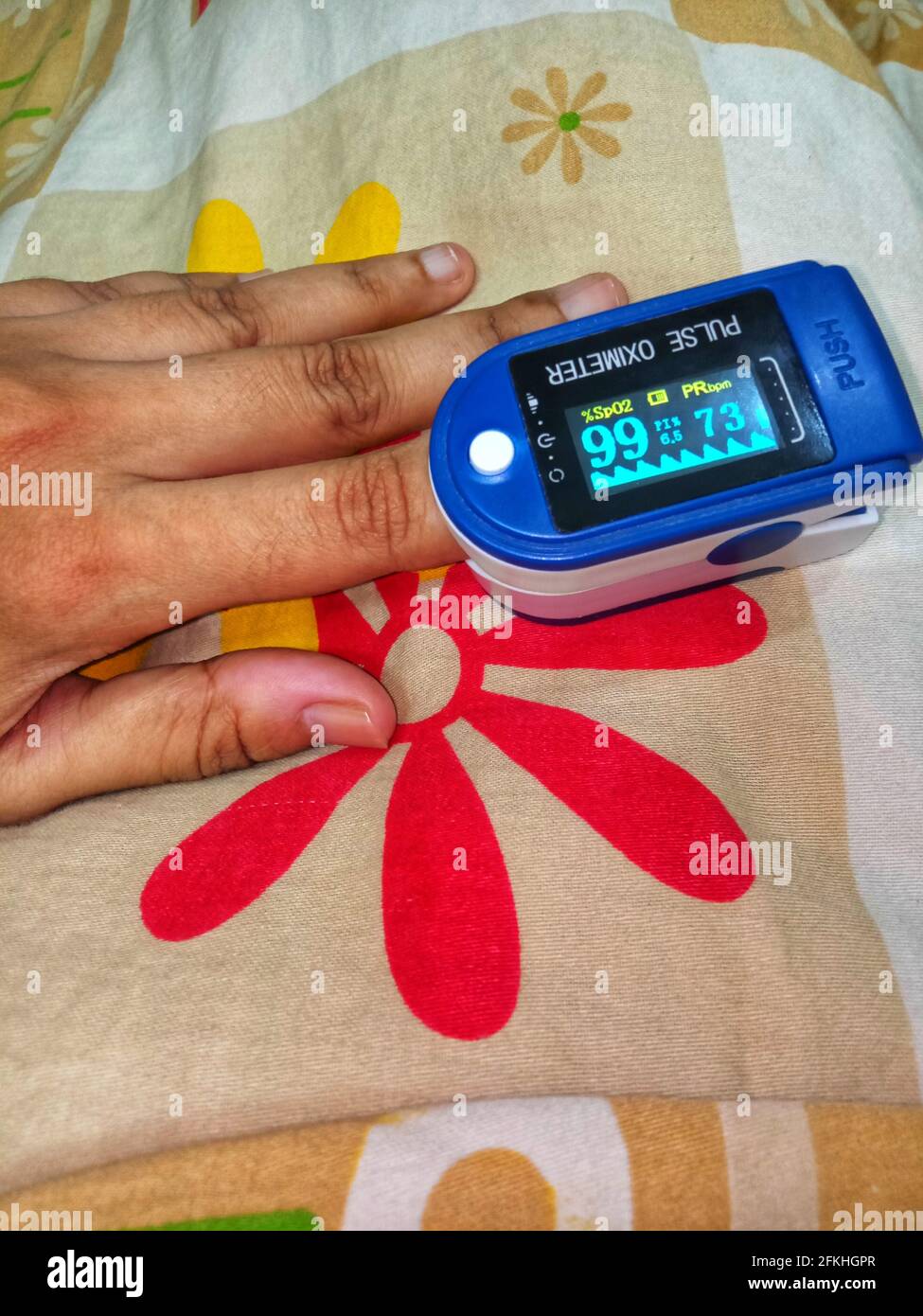 Pulse oximeter used in home quarantine during India's covid 19  second wave. Stock Photo