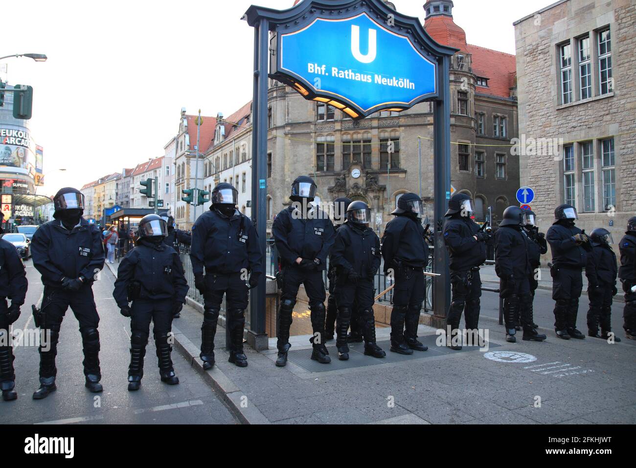 Berlin, Germany - May 01, 2021: Police team on street at myfest celebration on mayday. May Day in Berlin Neukölln refers to the street festivals and d Stock Photo