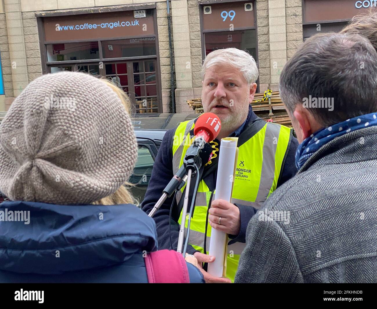 Edinburgh, UK. 29th Apr, 2021. Angus Robertson, direct candidate of the Scottish National Party SNP, talks to journalists. (to dpa "Scotland before crucial election: Is a new border in Europe coming?") Credit: Benedikt von Imhoff/dpa/Alamy Live News Stock Photo
