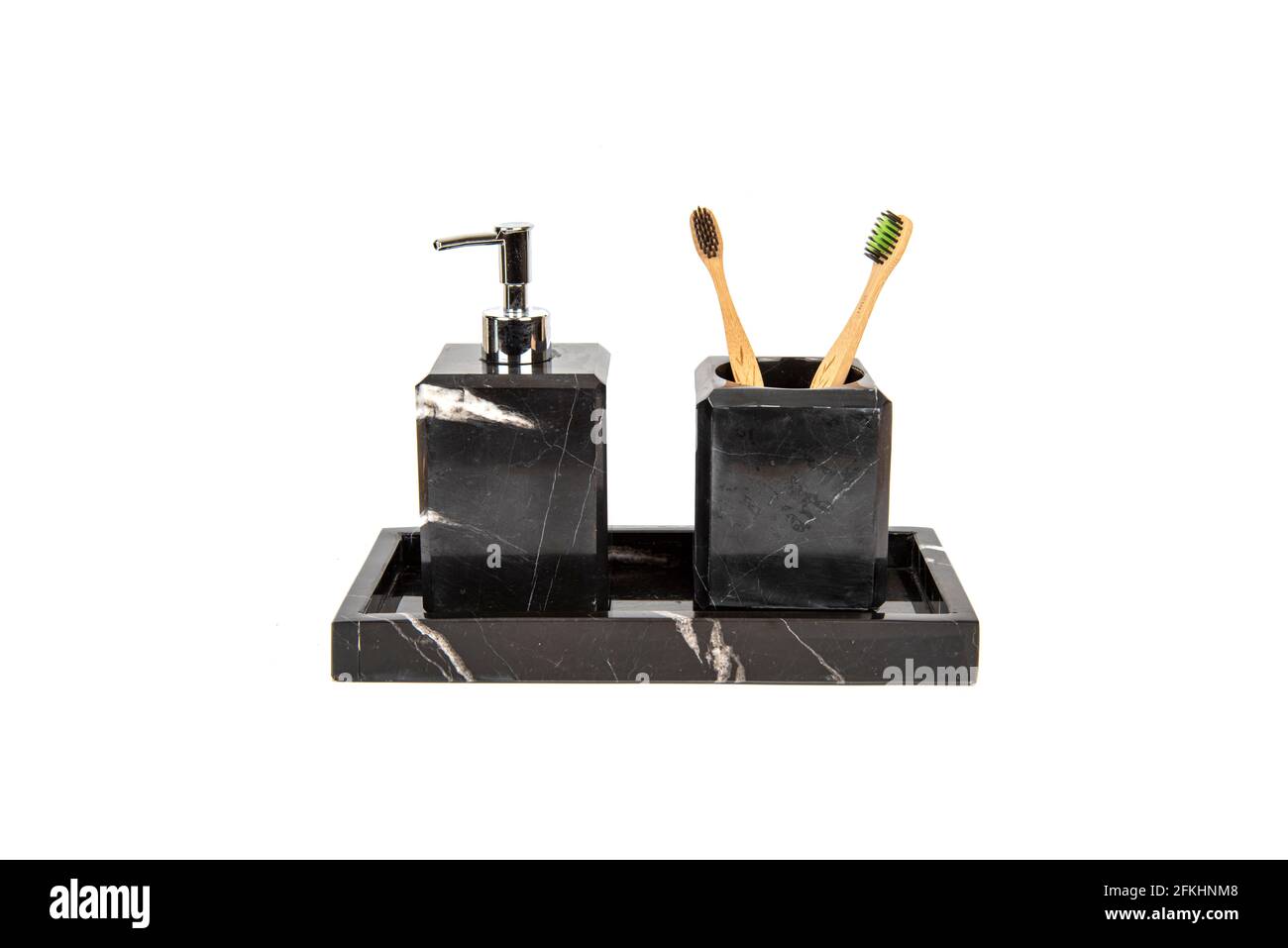 luxury marble bathroom accessories hygiene set isolated on white Stock