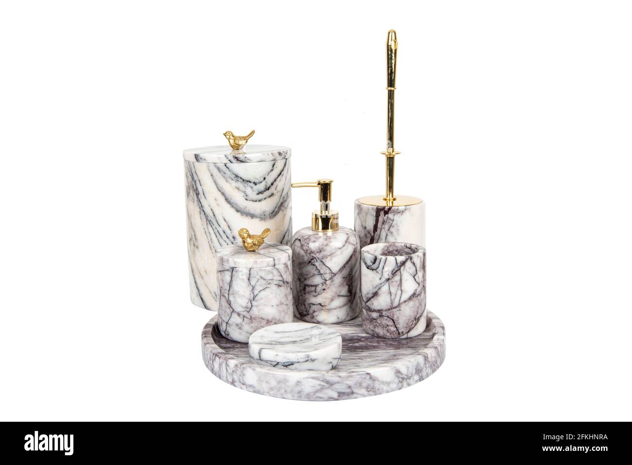 luxury marble bathroom accessories set isolated on white Stock Photo