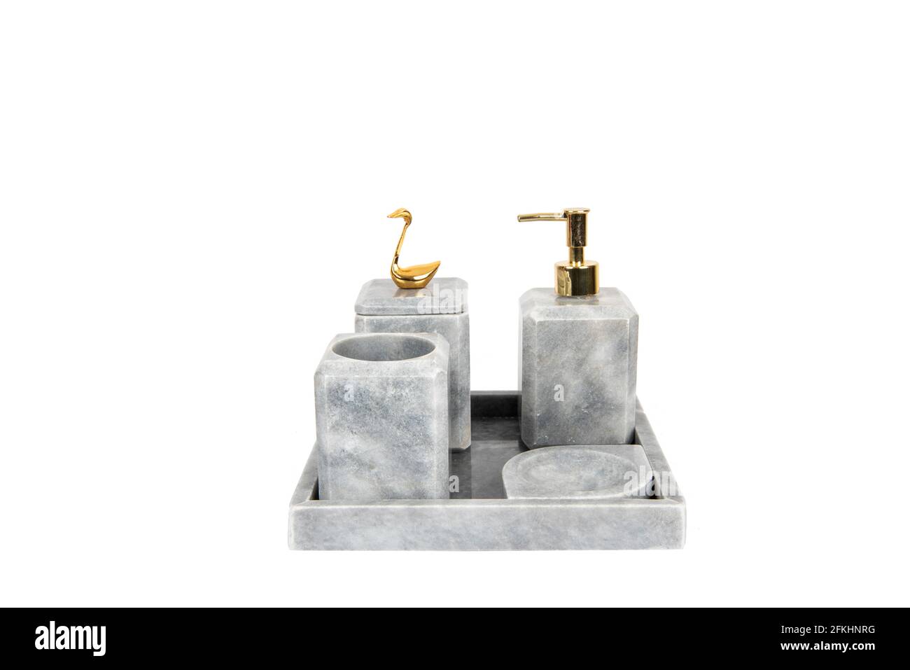 luxury marble bathroom accessories set isolated on white Stock Photo