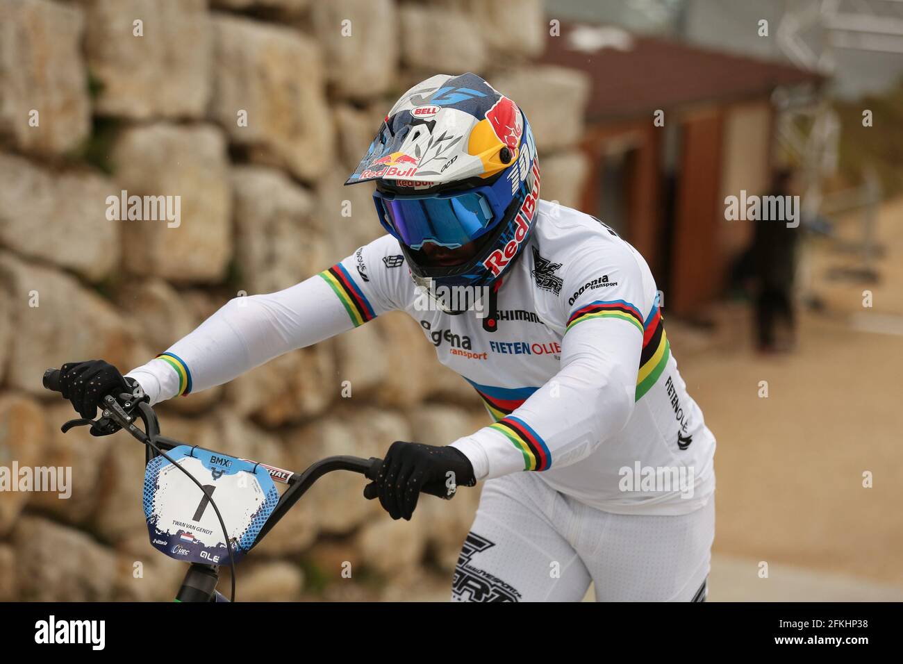 Verona, Italy. 01st May, 2021. Reigning World Champion Twan VAN GENDT of Netherlands (1) competes in the BMX Racing Men Elite Round 1 of the UEC European Cup at the BMX Olympic Arena on May 1st 2021 in Verona, Italy Credit: Mickael Chavet/Alamy Live News Stock Photo