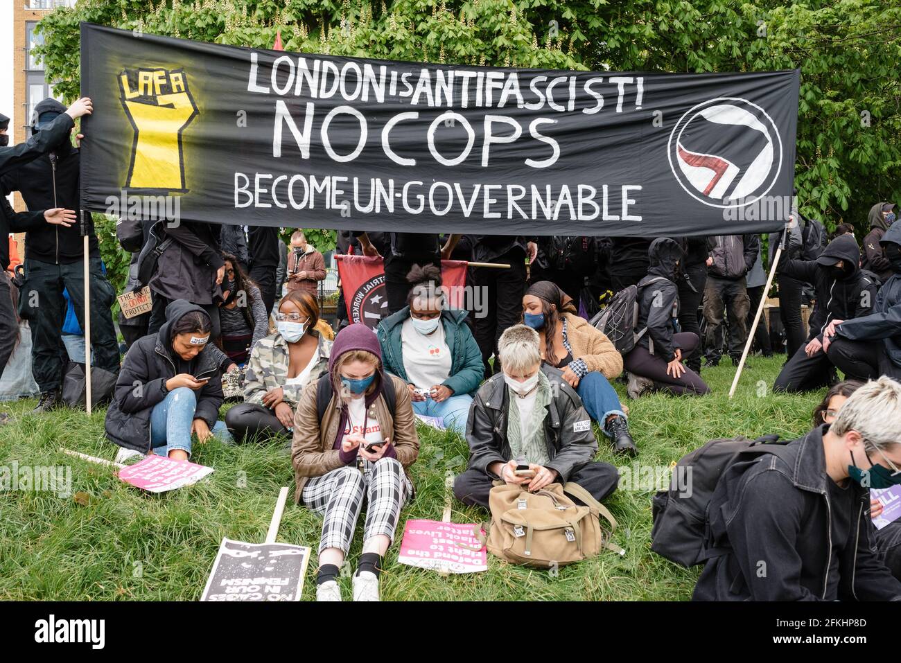 London, UK. 1 May 2021. Extinction Rebellion, Black Lives Matter, Antifa and Anarchists at 'Kill The Bill' protest against the new government's Bill Stock Photo