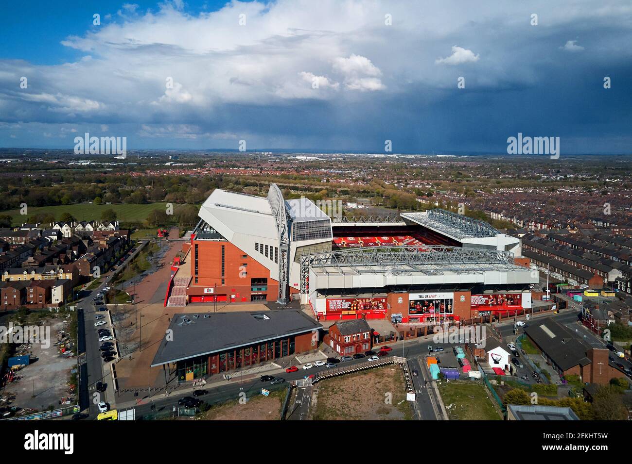 Aerial view of Anfield showing the stadium in it’s urban setting surrounded by residential