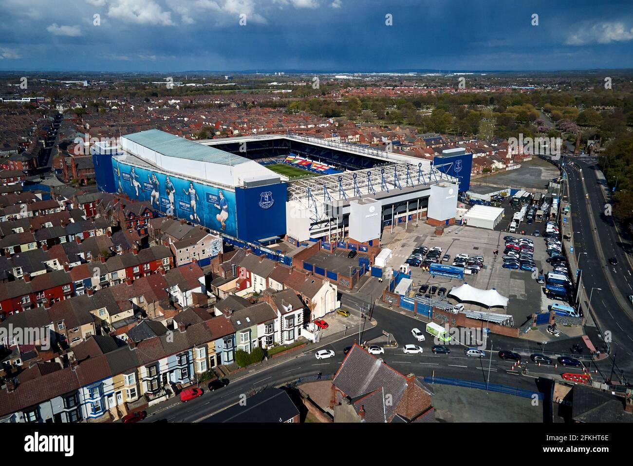 Aerial view of Goodison Park showing the stadium in it’s urban setting surrounded by residential houses Stock Photo