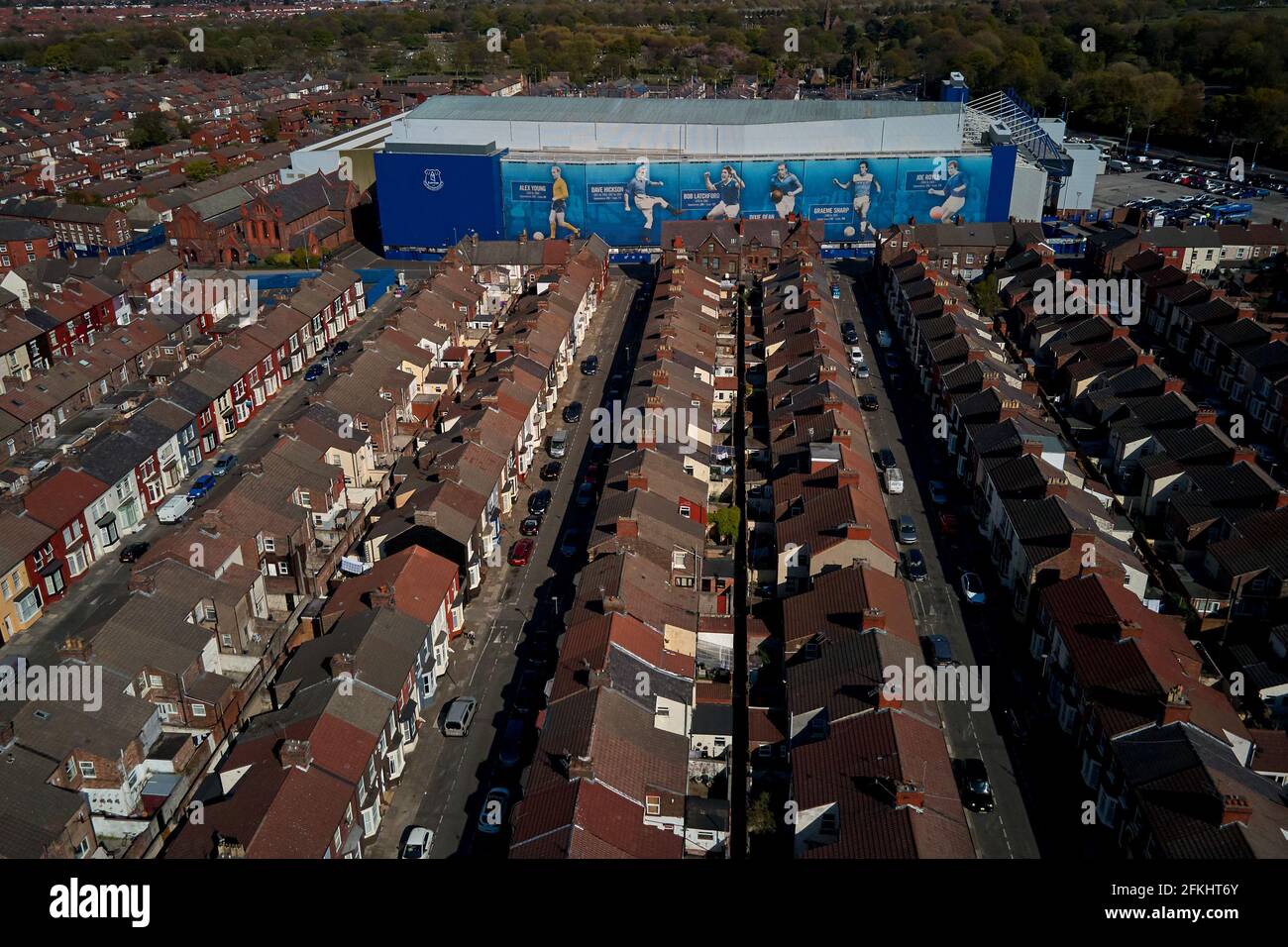 Aerial view of Goodison Park showing the stadium in it’s urban setting surrounded by residential houses Stock Photo