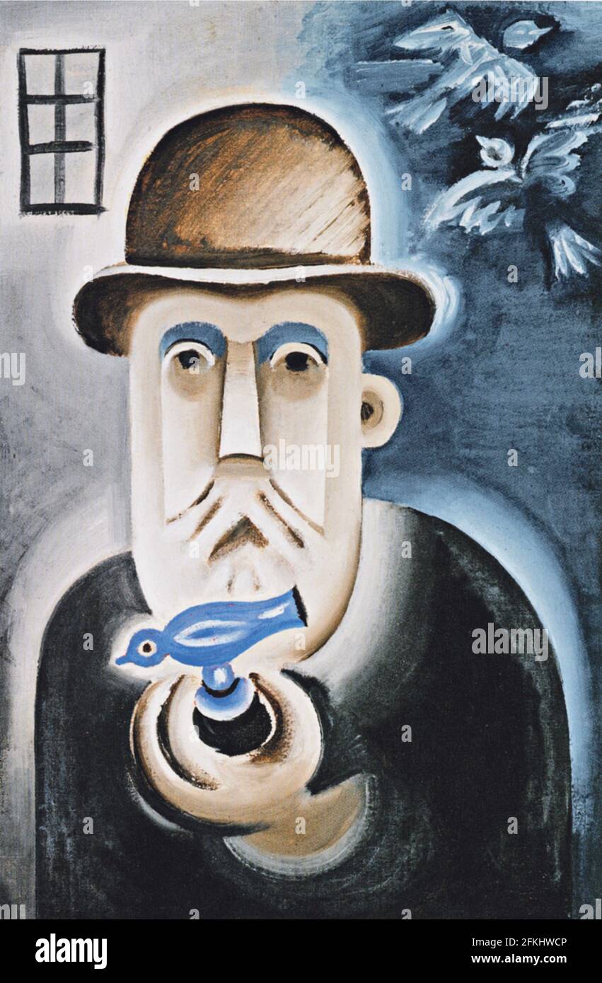 Josef Capek artwork entitled Prodava Hraek. A bird in the hand is worth two  in the bush perhaps. This gentleman in a bowler hat may think so Stock  Photo - Alamy