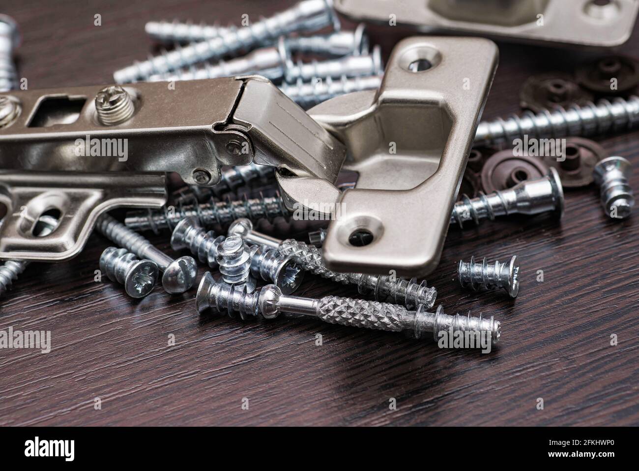 Closeup of various furniture fittings. Furniture assembly kit