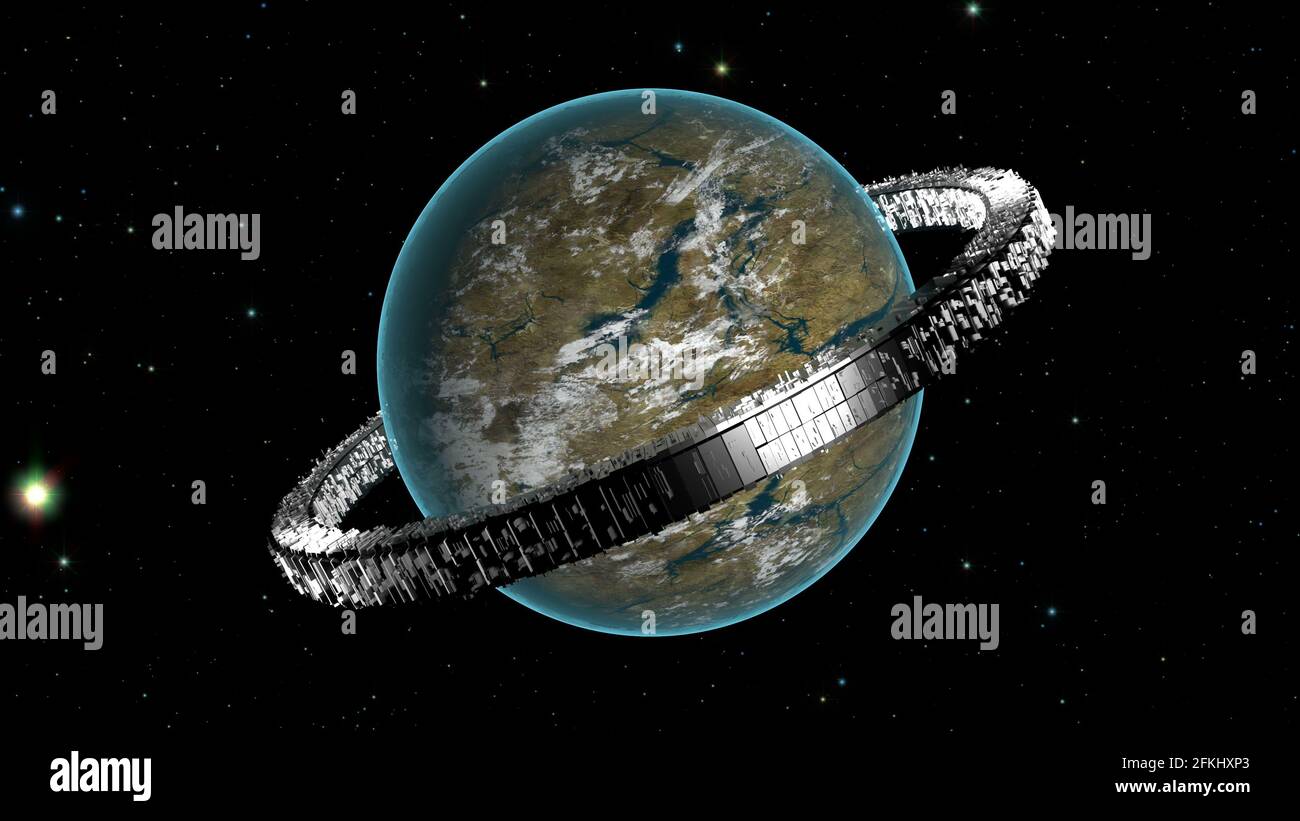 alien planet with metal orbital station 3d render 2FKHXP3